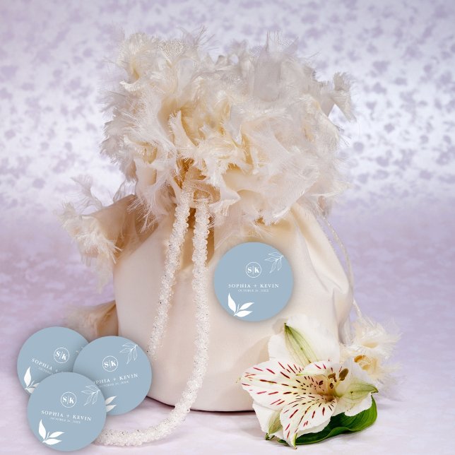 Dusty Blue I Initials I Minimalist I Branch Leaves Classic Round Sticker (Creator Uploaded)