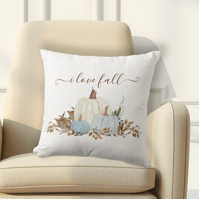 Dusty Blue I Love Fall White Pumpkins Country Cushion (Creator Uploaded)