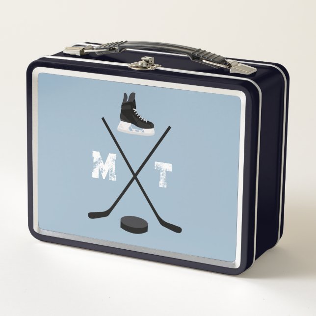 Dusty Blue Ice Hockey Classic Distressed Monogram Metal Lunch Box (Front)