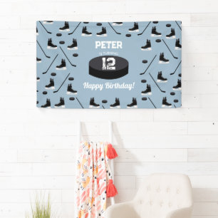 Dusty Blue Ice Hockey Stick, Skates Puck Birthday Banner