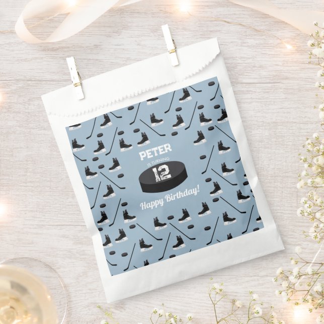 Dusty Blue Ice Hockey Stick, Skates Puck Birthday Favour Bags (Clipped)