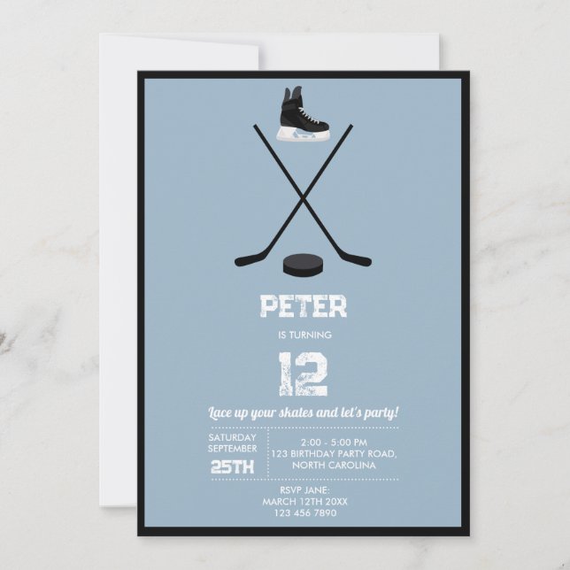 Dusty Blue Ice Hockey Stick, Skates Puck Birthday Invitation (Front)