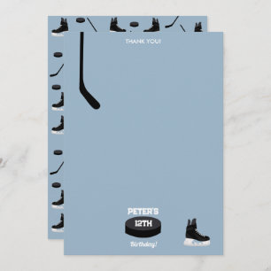 Dusty Blue Ice Hockey Stick, Skates Puck Birthday Thank You Card