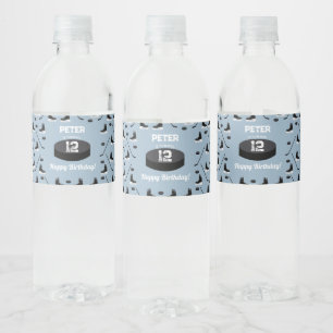 Dusty Blue Ice Hockey Stick, Skates Puck Birthday Water Bottle Label