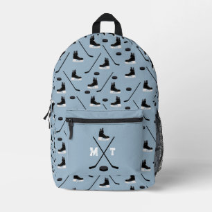 Dusty Blue Ice Hockey Stick, Skates, Puck Monogram Printed Backpack