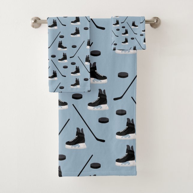 Dusty Blue Ice Hockey Stick, Skates & Puck Pattern Bath Towel Set (Insitu)