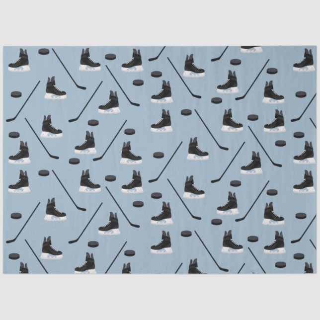 Dusty Blue Ice Hockey Stick, Skates & Puck Pattern Tissue Paper (Front)