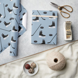 Dusty Blue Ice Hockey Stick, Skates & Puck Pattern Wrapping Paper