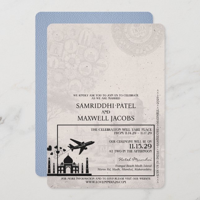 Dusty Blue India Passport Wedding Invitation (Front/Back)