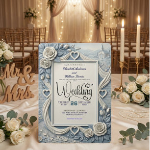 Dusty Blue Indigo Romantic Church Wedding Invitation