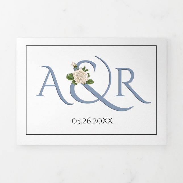 Dusty blue initials and ampersand, rose wedding Tri-Fold invitation (Cover)