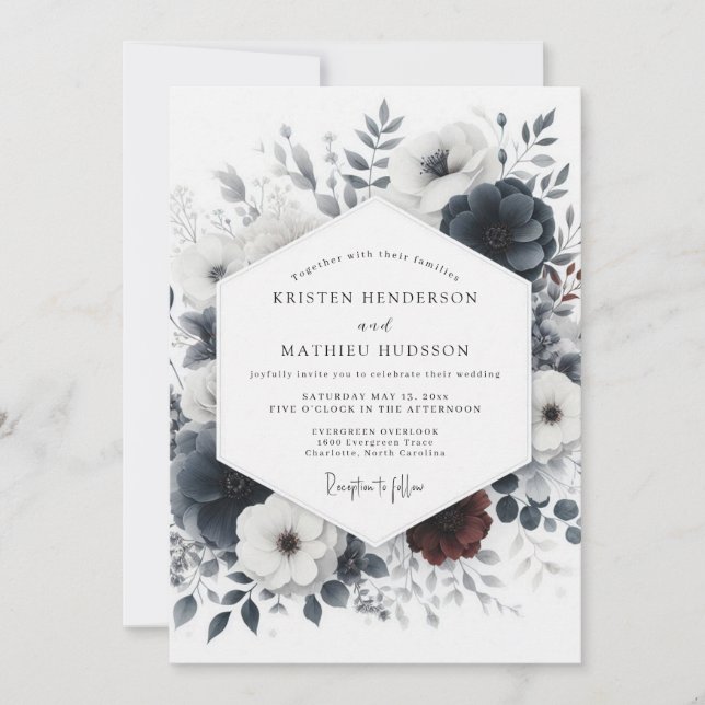 Dusty Blue Ink Wash Floral Wedding Invitation (Front)