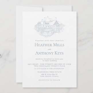 Dusty Blue  Invitation with Sketch of the Venue
