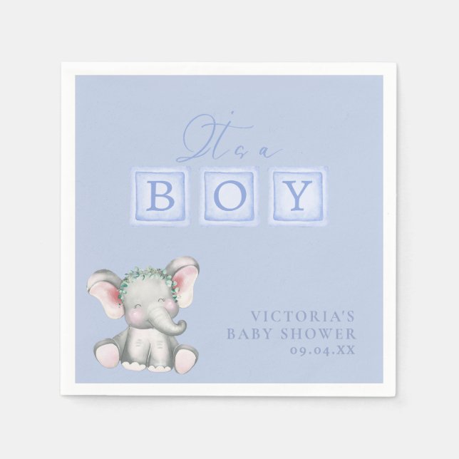 Dusty Blue It's a Boy Elephant Script Baby Shower  Napkin (Front)