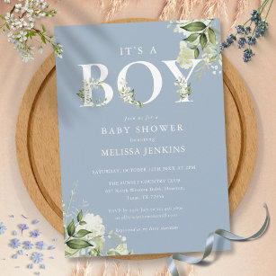Dusty Blue Its A Boy Greenery Letter Baby Shower Invitation