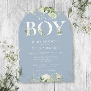 Dusty Blue Its A Boy Greenery Letter Baby Shower Invitation
