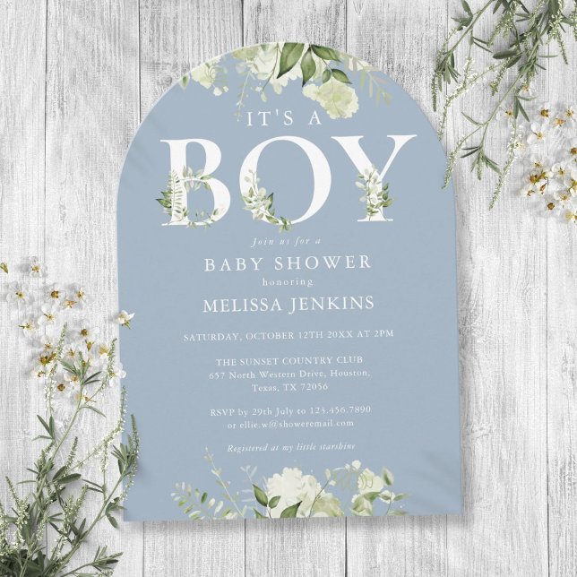 Dusty Blue Its A Boy Greenery Letter Baby Shower Invitation (Dusty Blue Its A Boy Greenery Letter Baby Shower Invitation)