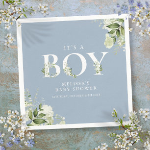 Dusty Blue Its A Boy Greenery Letter Baby Shower Napkin