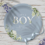 Dusty Blue Its A Boy Greenery Letter Baby Shower Paper Plate<br><div class="desc">It's a boy baby shower paper plate featuring elegant typography and pretty botanical greenery foliage on a dusty blue background. Designed by Thisisnotme©</div>