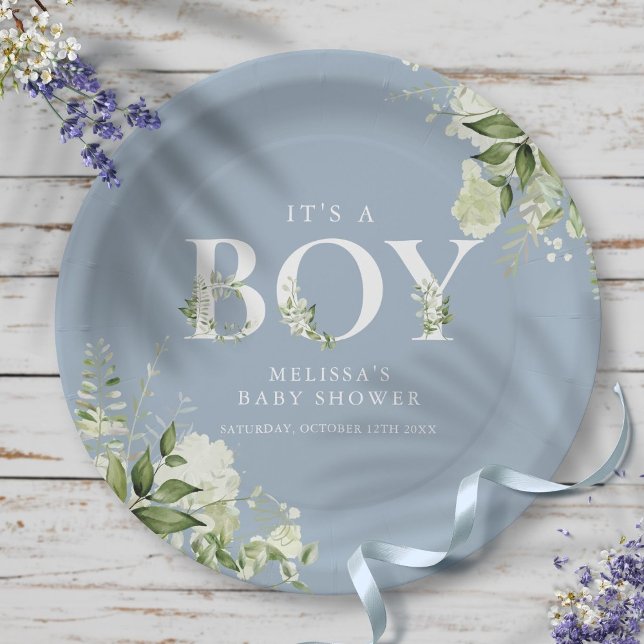 Dusty Blue Its A Boy Greenery Letter Baby Shower Paper Plate (Dusty Blue Its A Boy Greenery Letter Baby Shower Paper Plates)