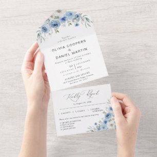 Dusty Blue Ivory All in One Wedding Invitation