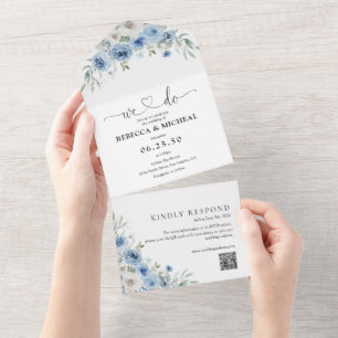 Dusty Blue Ivory All in One Wedding Invite