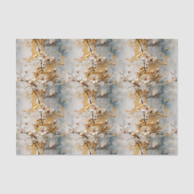 Dusty Blue, Ivory and Gold Floral Tissue Paper (Front)