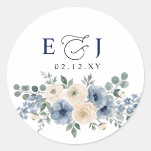 Dusty Blue Ivory Blush Floral Modern Wedding Classic Round Sticker