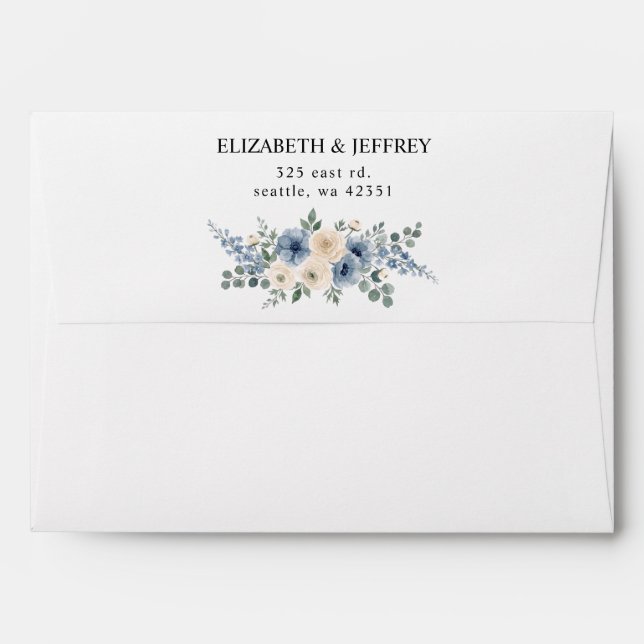 Dusty Blue Ivory Blush Floral Modern Wedding Envelope (Back (Top Flap))