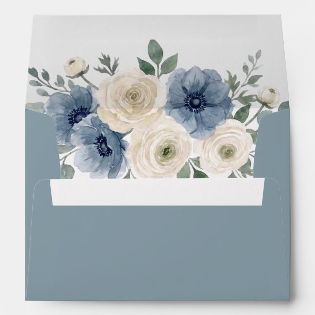 Dusty Blue Ivory Blush Floral Modern Wedding Envelope (Back (Bottom))