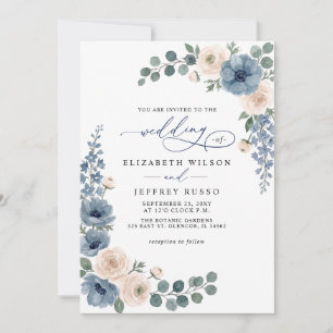 Dusty Blue Ivory Blush Floral Modern Wedding Invitation