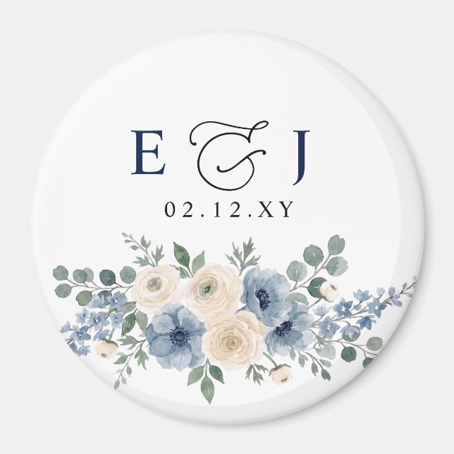 Dusty Blue Ivory Blush Floral Modern Wedding Magnet (Front)