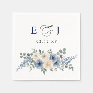 Dusty Blue Ivory Blush Floral Modern Wedding Napkin