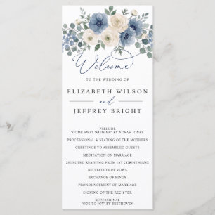Dusty Blue Ivory Blush Floral Modern Wedding Programme