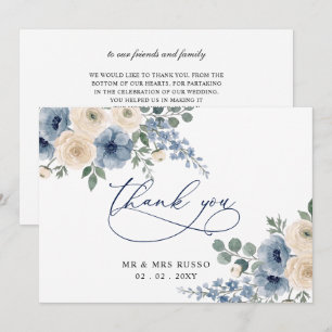 Dusty Blue Ivory Blush Floral Modern Wedding Thank You Card