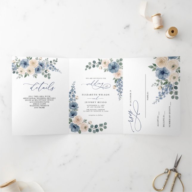 Dusty Blue Ivory Blush Floral Modern Wedding Tri-Fold Invitation (Inside)