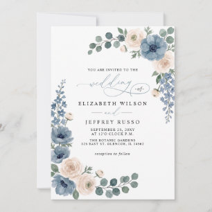 Dusty Blue Ivory Blush Floral QR Code Wedding Invitation