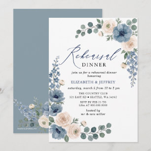 Dusty Blue Ivory Blush Floral Rehearsal Dinner Invitation