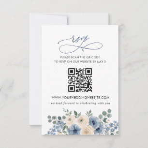 Dusty Blue Ivory Blush Floral Wedding QR CODE RSVP Card