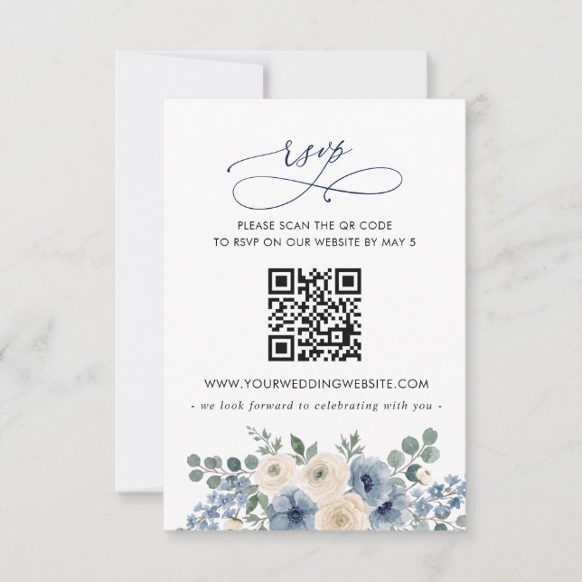 Dusty Blue Ivory Blush Floral Wedding QR CODE RSVP Card (Front)