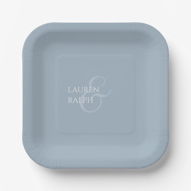 Dusty Blue & Ivory Couple Monogram  Paper Plate (Front)