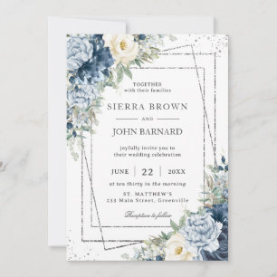 Dusty Blue Ivory Cream Floral Silver Geometric Invitation