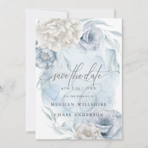 Dusty Blue Ivory Elegant Rustic Flowers  Invitation