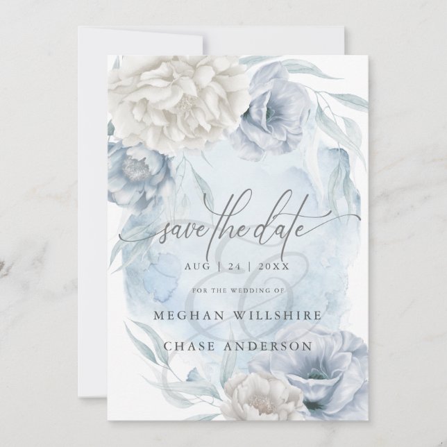 Dusty Blue Ivory Elegant Rustic Flowers  Invitation (Front)