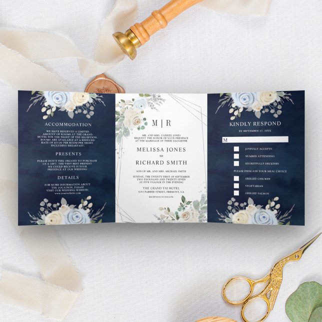 Dusty Blue Ivory Floral All in One Navy Wedding Tri-Fold Invitation (Creator Uploaded)