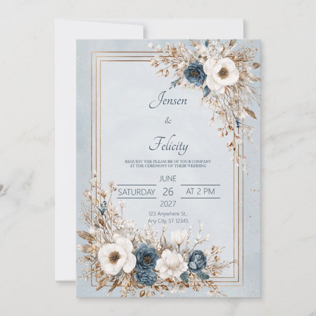 Dusty Blue & Ivory Floral Gold Frame Wedding  Invitation (Front)