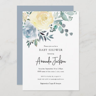 Dusty Blue Ivory Floral Greenery Boy Baby Shower Invitation
