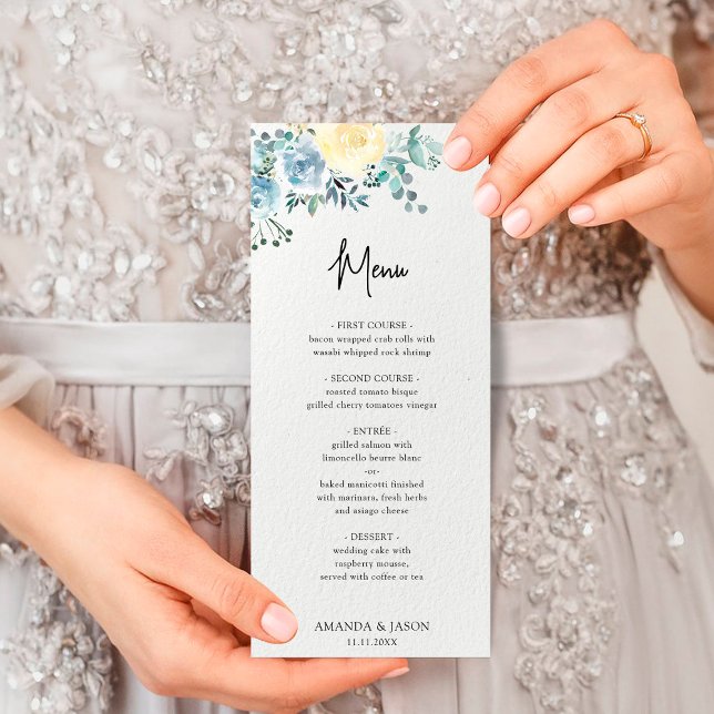 Dusty Blue Ivory Floral Greenery Wedding Menu (Creator Uploaded)