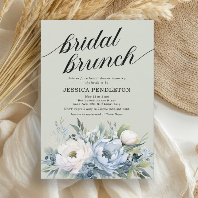 Dusty Blue Ivory Floral Sage Green Bridal Brunch Invitation (Dusty blue and white watercolor floral bridal brunch/shower invitation)