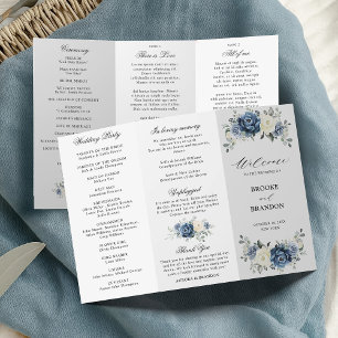 Dusty Blue Ivory Floral Tri-fold Wedding Program